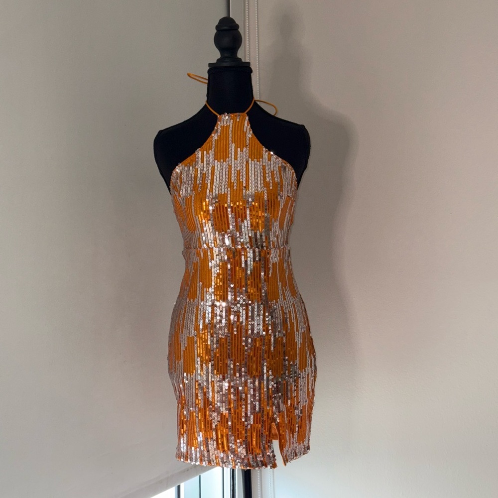 Orange and Silver Sequin Halter Dress
